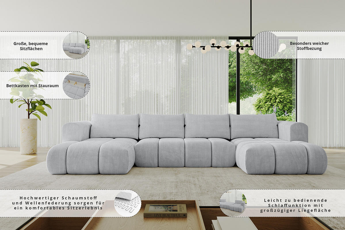 WOHNLANDSCHAFT Ottomane Links CLOUD-U 414x180x40 Dunkelgrau Cord - Dunkelgrau, Holzwerkstoff/Kunststoff (414/90/180cm) - ALTDECOR