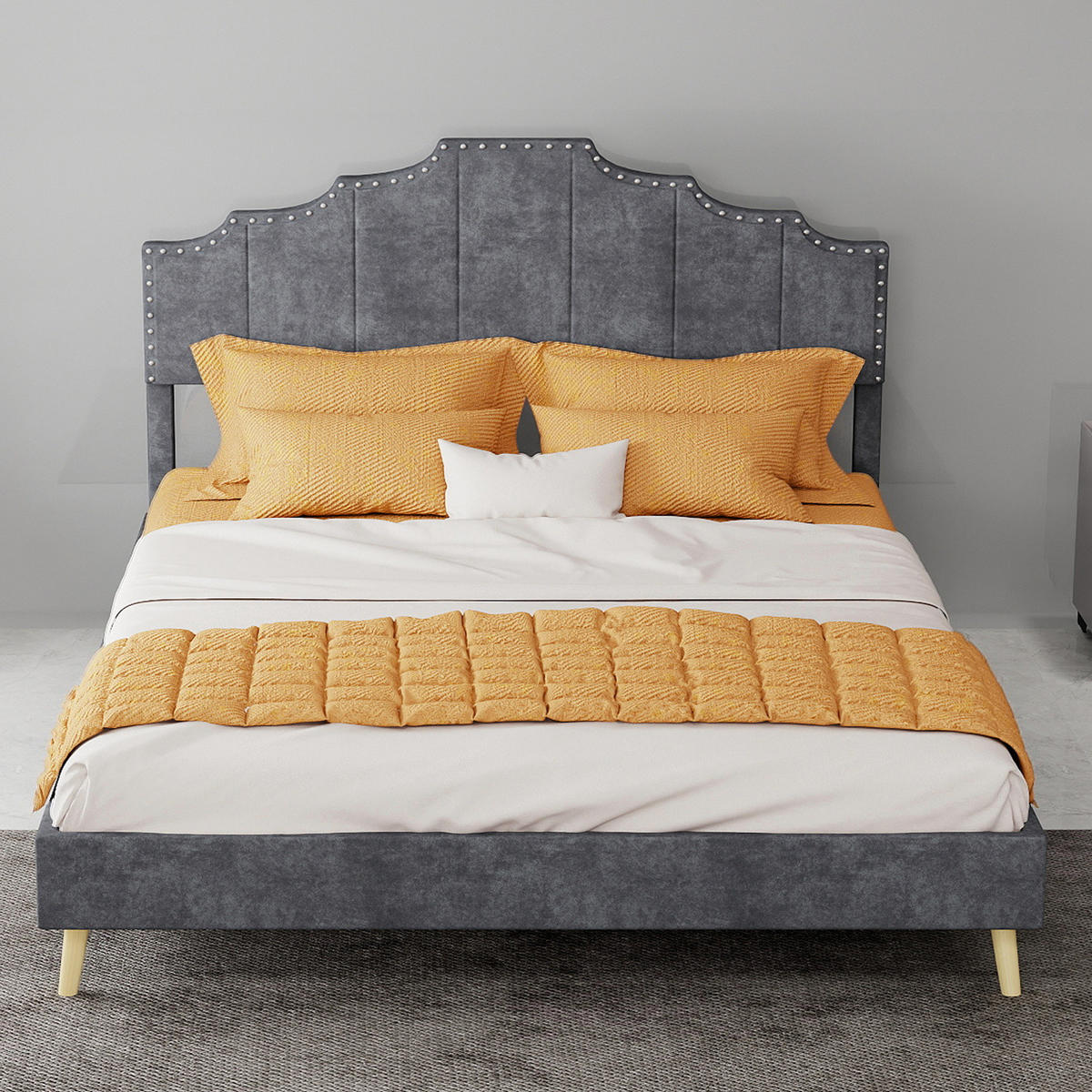 POSTEL 140/200 cm šedá z látky a kovu s geometrickým čelem a stabilním roštem - šedá, textil (140/200cm) - OKWISH