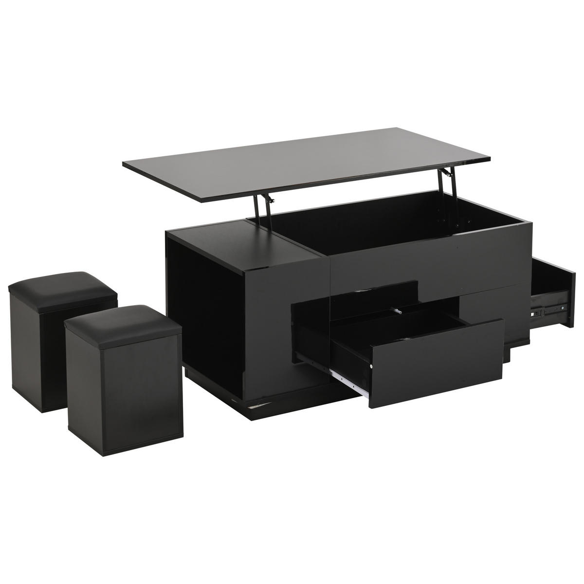 COUCHTISCH Schwarz, 100/50/45 cm mit 2 Hockern, Hubfunktion und LED - Schwarz, Holzwerkstoff (50/100/40cm) - PANGIVO