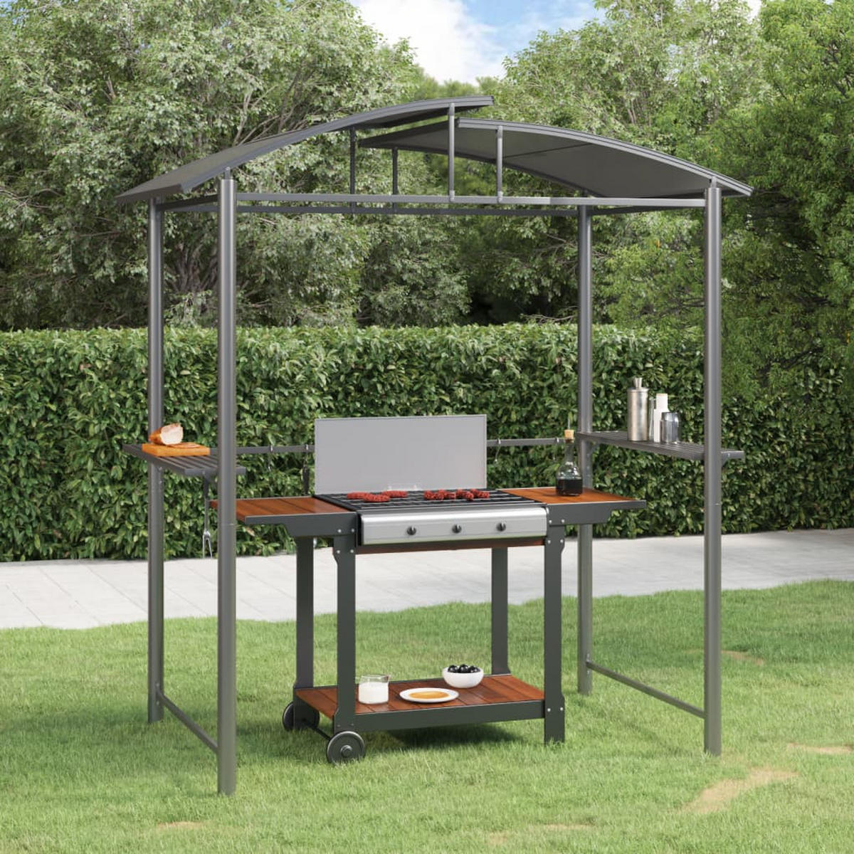 GRILLPAVILLON mit Seitenregalen, 20/115/230 cm, aus Stahl, Anthrazit - Anthrazit, Metall (210/230/114cm) - vidaXL