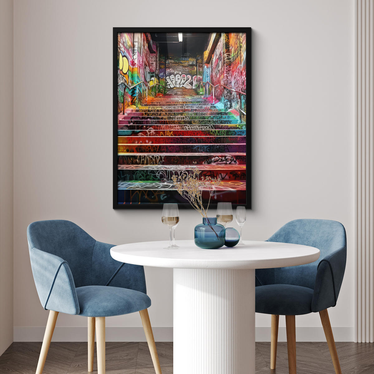 GERAHMTES BILD Treppe - Graffiti - Farben - Kunst 60x80 cm - Multicolor, Papier (60/80cm) - MuchoWow