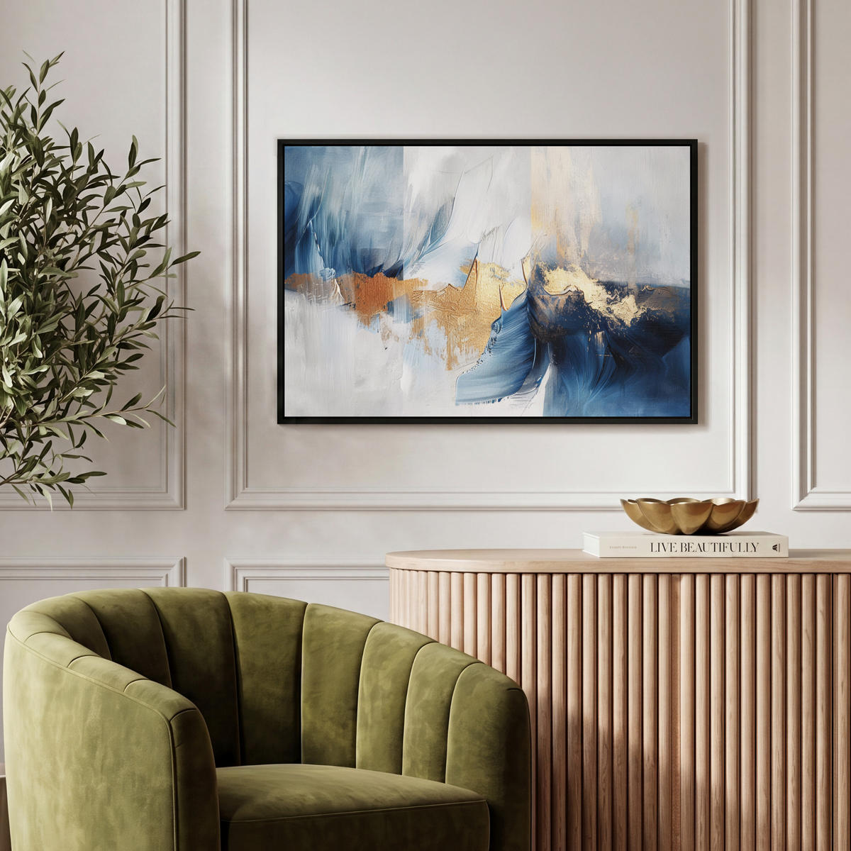 LEINWAND Bilder mit Rahmen - Gold - Blau - Aquarell - Kunst - Modern - 60x40 - Hellblau, Textil (60/40cm) - MuchoWow
