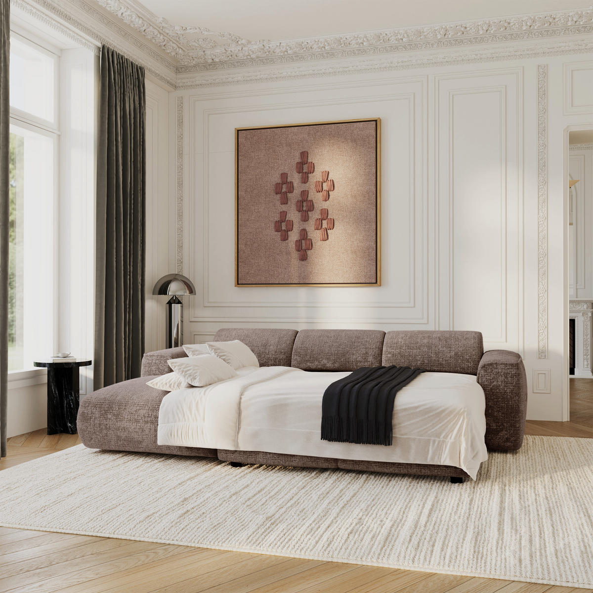 ECKSCHLAFSOFA Geprägter Samt Taupe 283cm - Taupe, Textil (283/180cm) - Sia Home