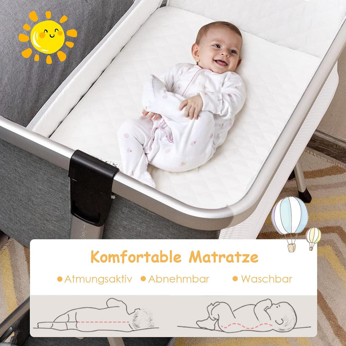 BABYBETT 2 in 1 Beistellbett+Reisebett klappbar Grau - Grau, Metall - COSTWAY