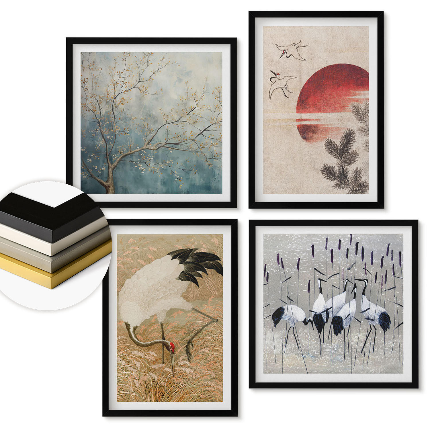 WANDBILDER 4er-Set - 50x50 cm & 40x60 cm Schwarzer Rahmen - Japanische Kraniche Landschaft - Schwarz, Kunststoff (50/50cm) - ArtPrintCave