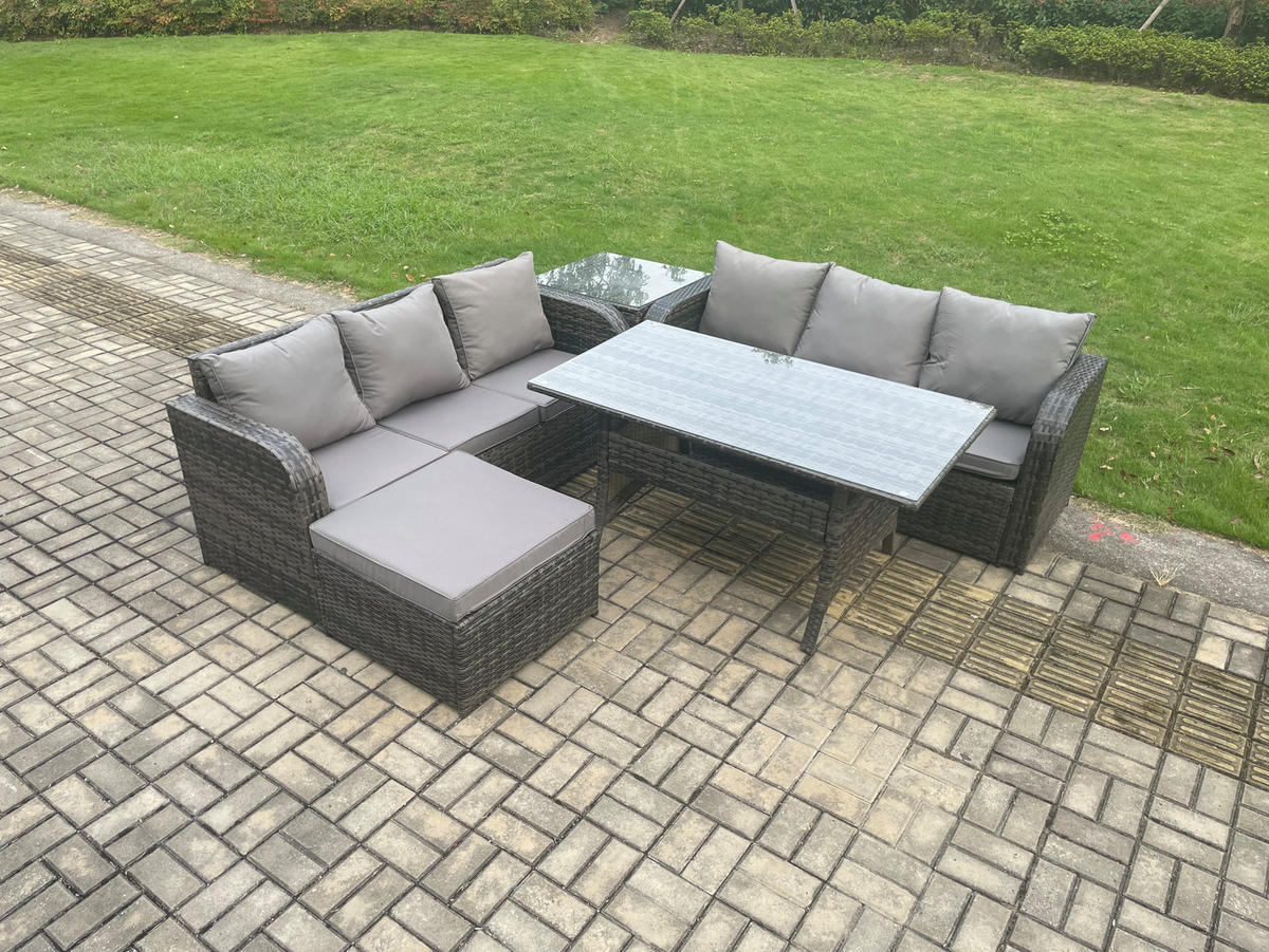 GARTENTISCHGRUPPE mit Beistelltisch,Hocker Polyrattan Dunkelgrau 7-Sitzer - Dunkelgrau/Grau, Glas/Kunststoff - Fimous