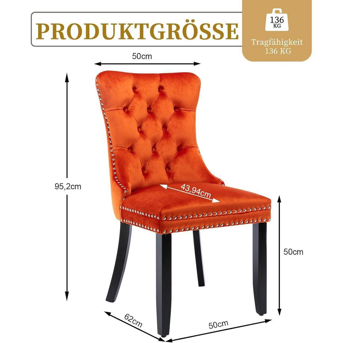 ESSZIMMERSTÜHLE 6er-Set Samt Orange mit Massivholzbeinen - Orange, Textil (50/95.2/62cm)