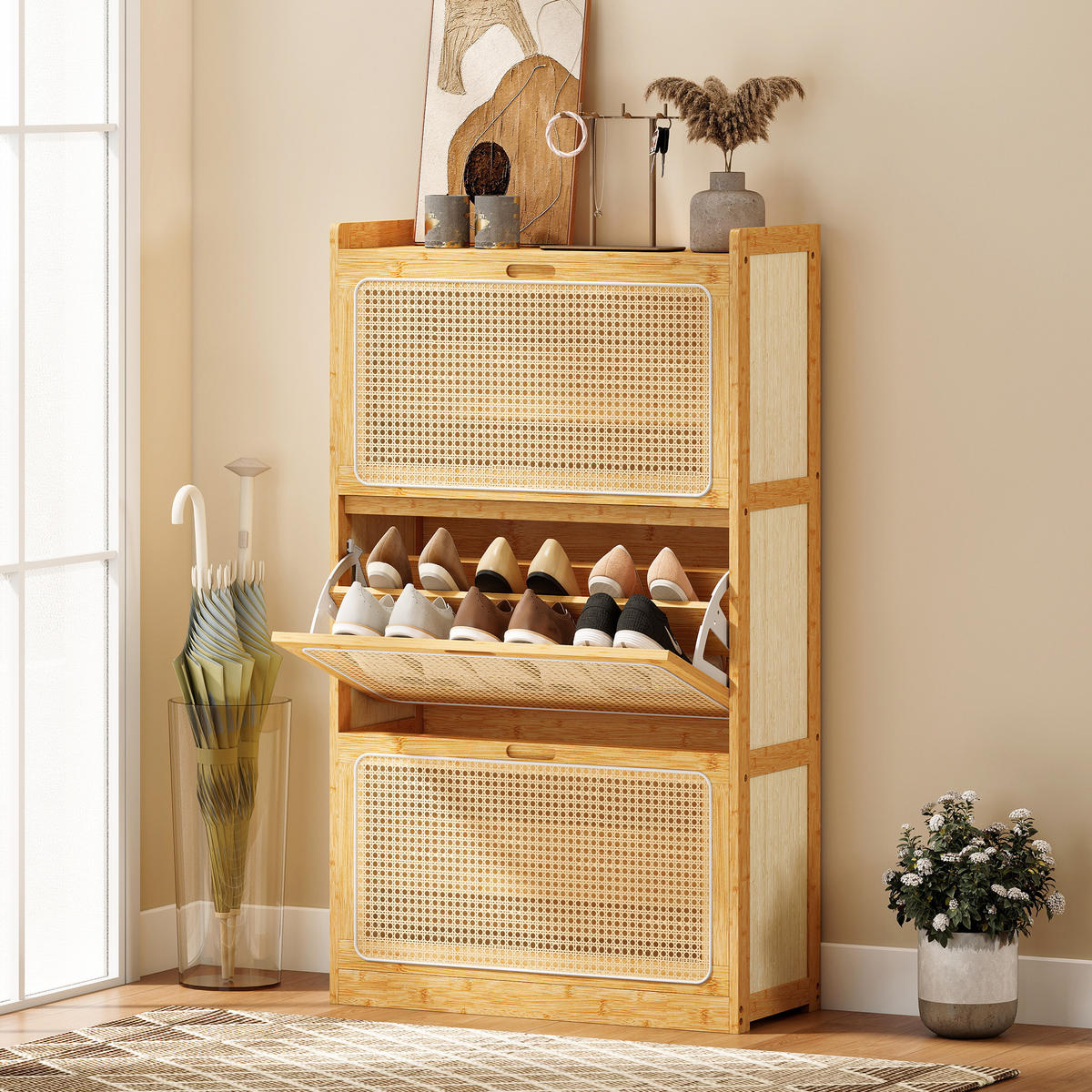 SCHUHSCHRANK,3 Klappschubladen für 14 Paar 69x29x119,8cm,naturholz - Beige, Holzwerkstoff (69/119.8/29cm) - Vallsero