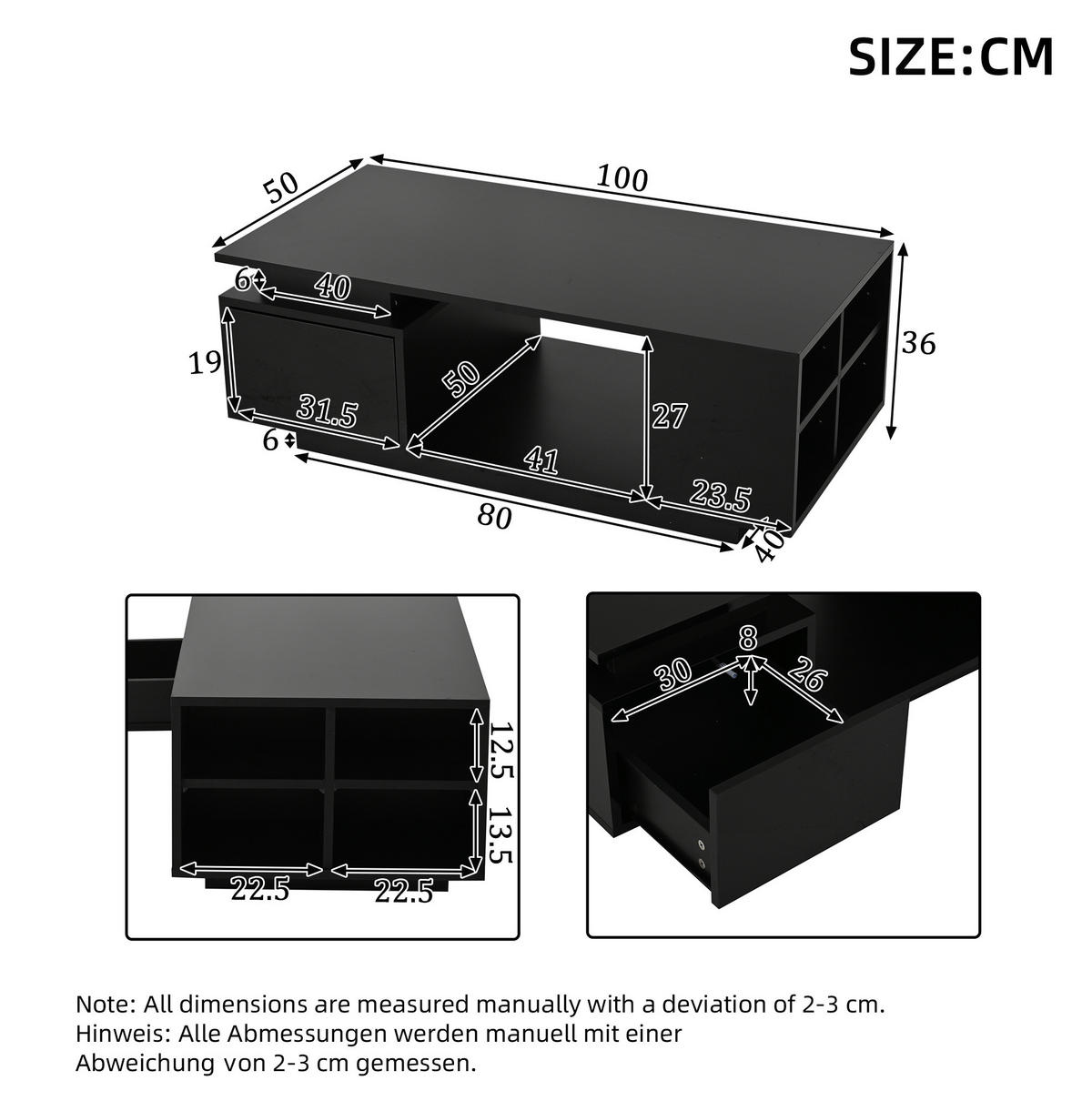 COUCHTISCH mit Schublade und LED 100 x 50 x 36 cm Schwarz - Schwarz, Holzwerkstoff (100/50/36cm) - Meubliv