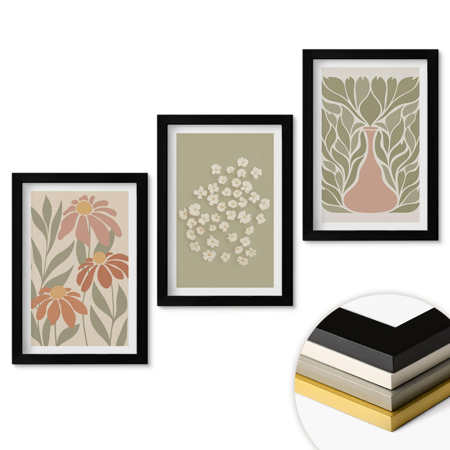 WANDBILDER 3er-Set - 20x30 cm Schwarzer Rahmen - Florale Boho-Muster - Schwarz, Kunststoff (20/30cm) - ArtPrintCave