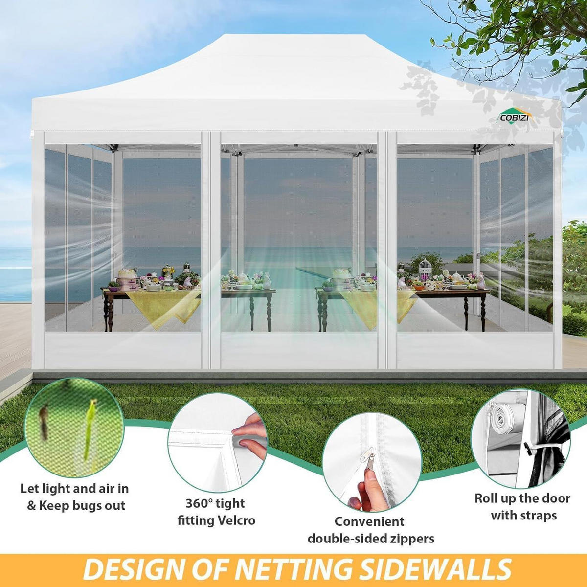 GARTENPAVILLON 300 x 450 cm Wasserdicht mit 4 Netz-Seitenwänden Khaki Weiß - Weiß, Textil (300/335/450cm)