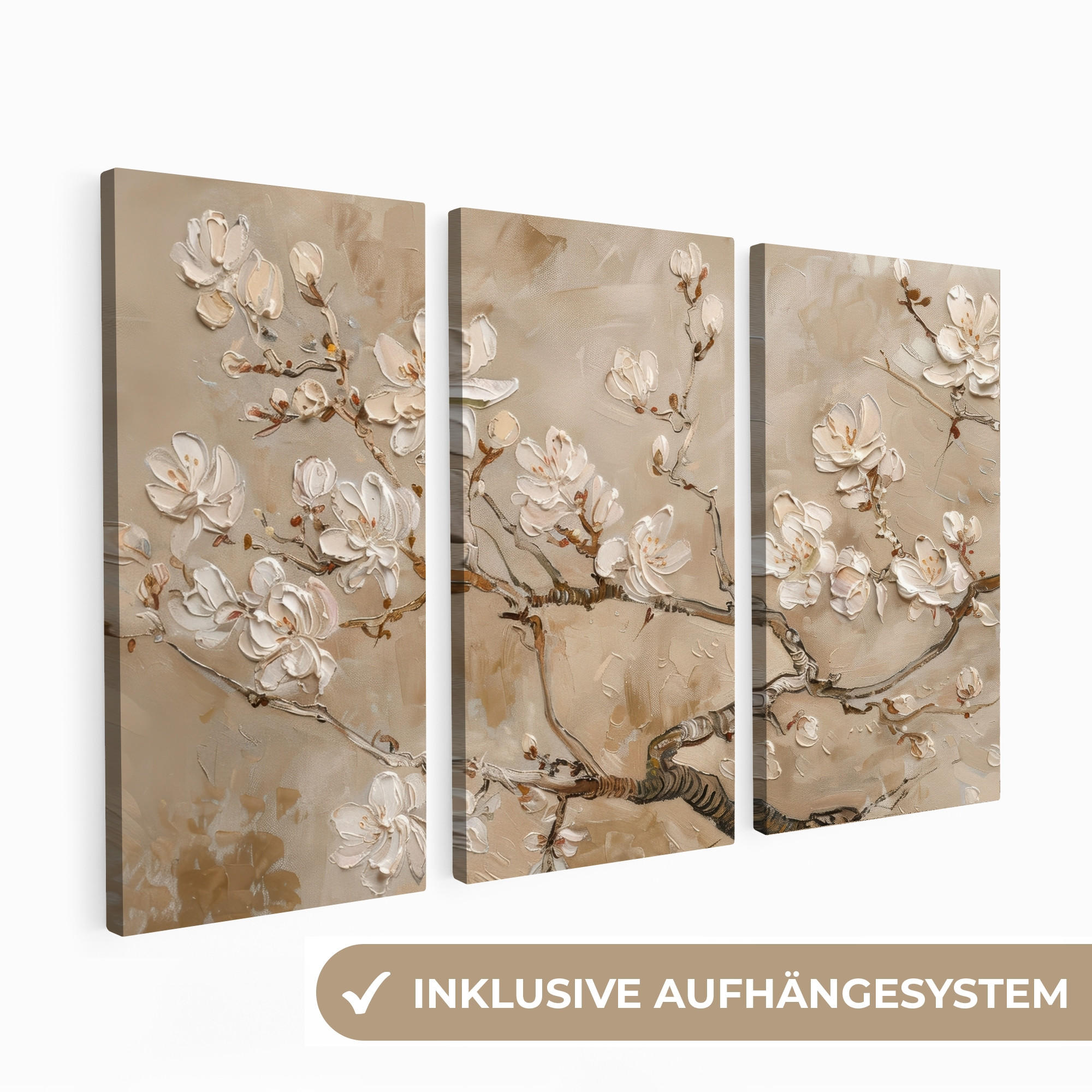 LEINWANDBILD 3er Set Beige - Blüte - Modern 180x120 cm - Greige, Textil (180/120cm) - MuchoWow