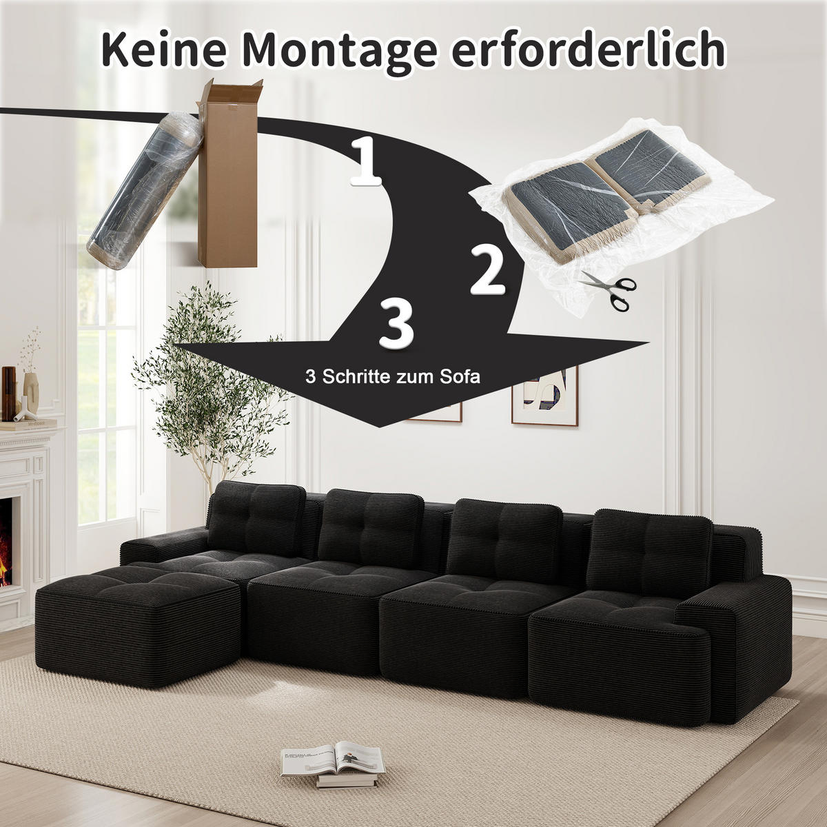 ECKSOFA 382/177/69 cm Schwarz Cord mit Ottoman - Schwarz, Textil (382/177cm) - Oxeza