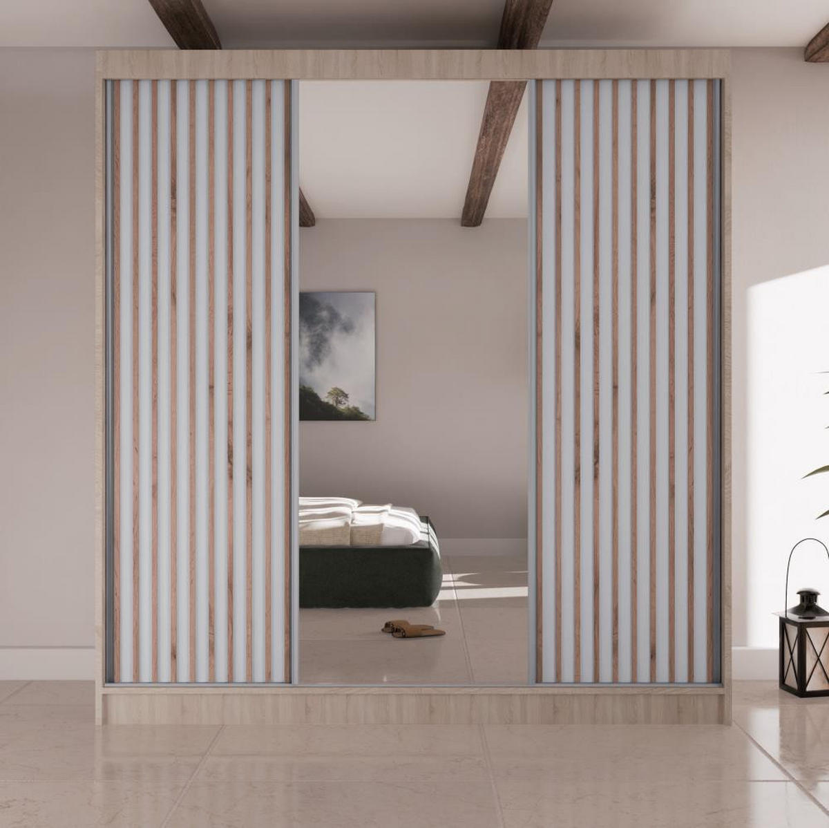 SCHWEBETÜRENSCHRANK Lico II 200/61/215 eiche sonoma+weiß - Weiß/Sonoma Eiche, Holzwerkstoff (200/215/61cm) - Beautysofa