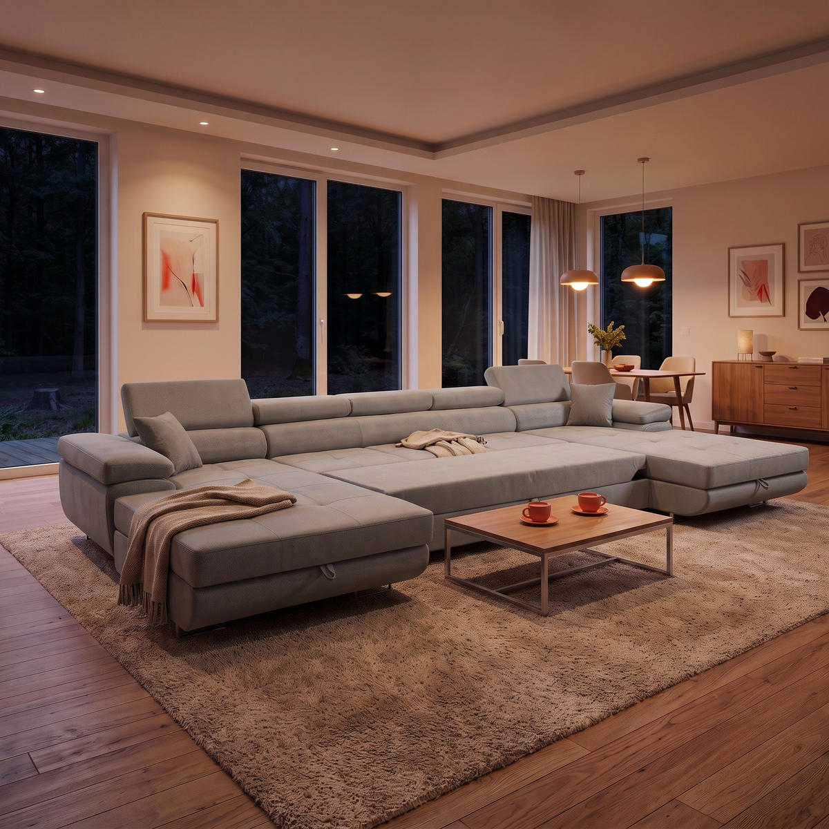 ECKSOFA U-Form ALONZO MAXI U mit Schlaffunktion 125x318 Velours Hellgrau - Silberfarben/Hellgrau, Holz/Textil (400/90/203cm) - Muffo