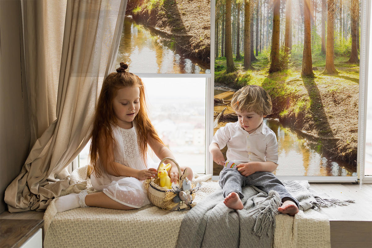VERDUNKELUNGSROLLO 90x240 cm Sonne im Wald - Braun, Textil (90/240cm) - TULUP