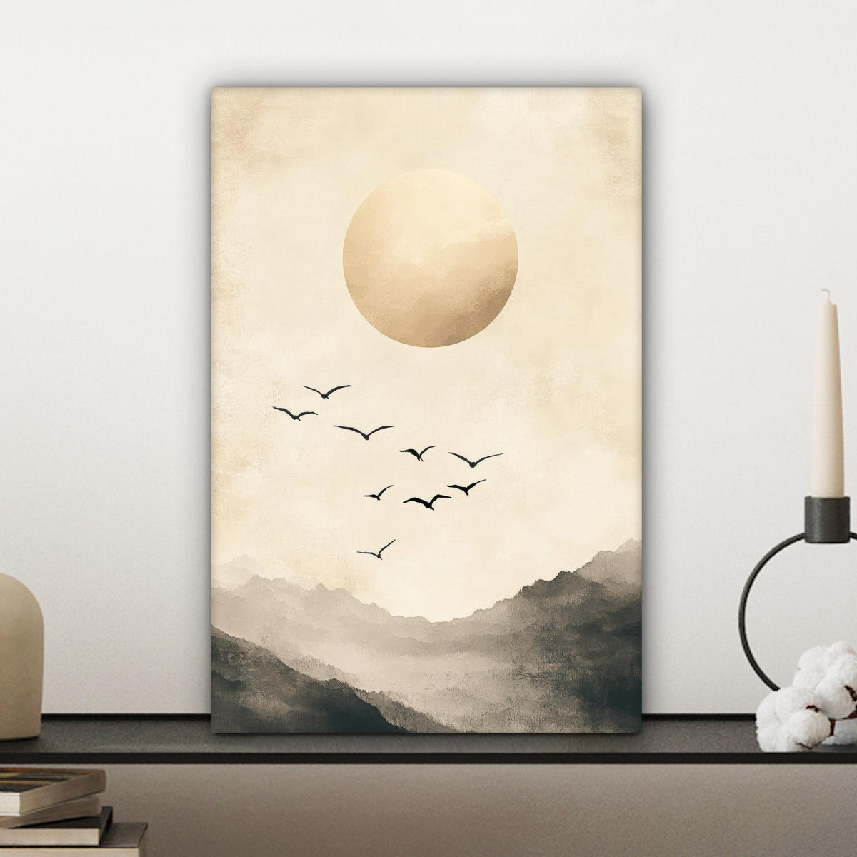 LEINWANDBILD Landschaft - Japandi - Vogel Deko Wohnzimmer 20x30 cm - Beige, Textil (20/30cm) - MuchoWow