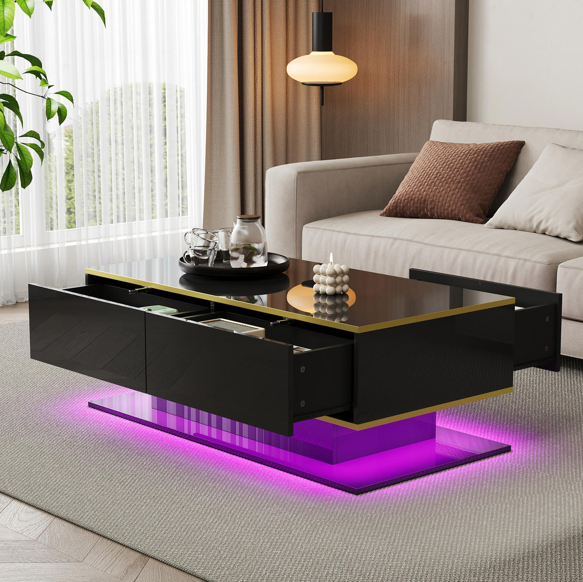COUCHTISCH aus Spanplatte 100x50x40 cm Schwarz-Gold mit LED-Beleuchtung und 3 Schubladen - Schwarz, Holzwerkstoff (100/50/40cm) - IVMEU