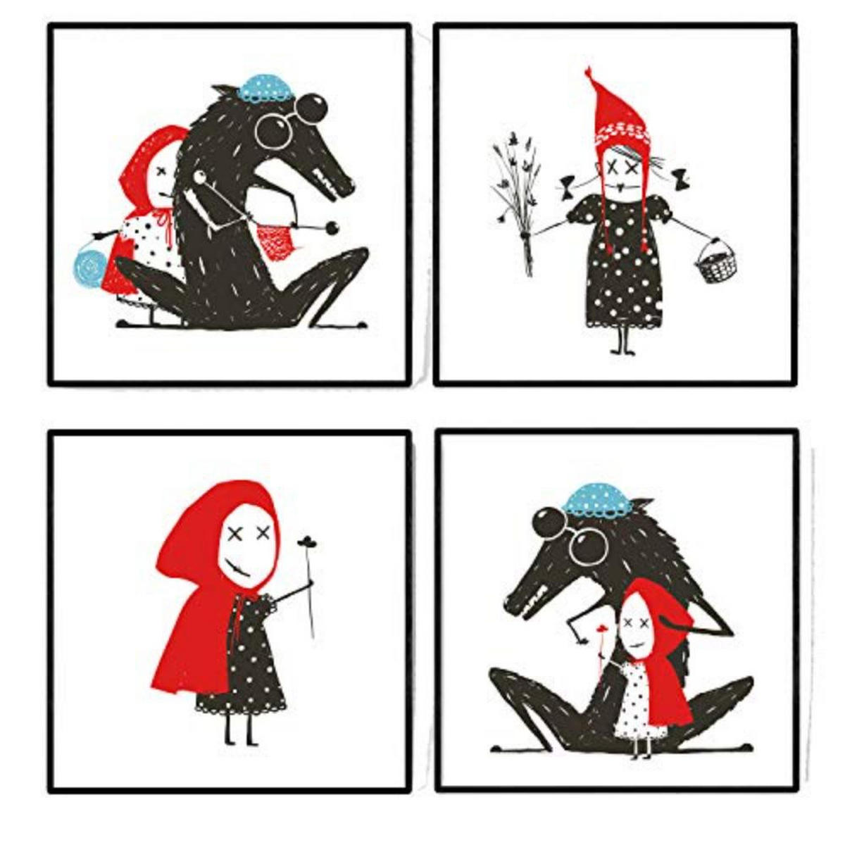 POSTER Set mit 4 Rotkäppchen 2 20x20cm Schwarzer Rahmen - Schwarz, Papier (20/3cm) - Nacnic