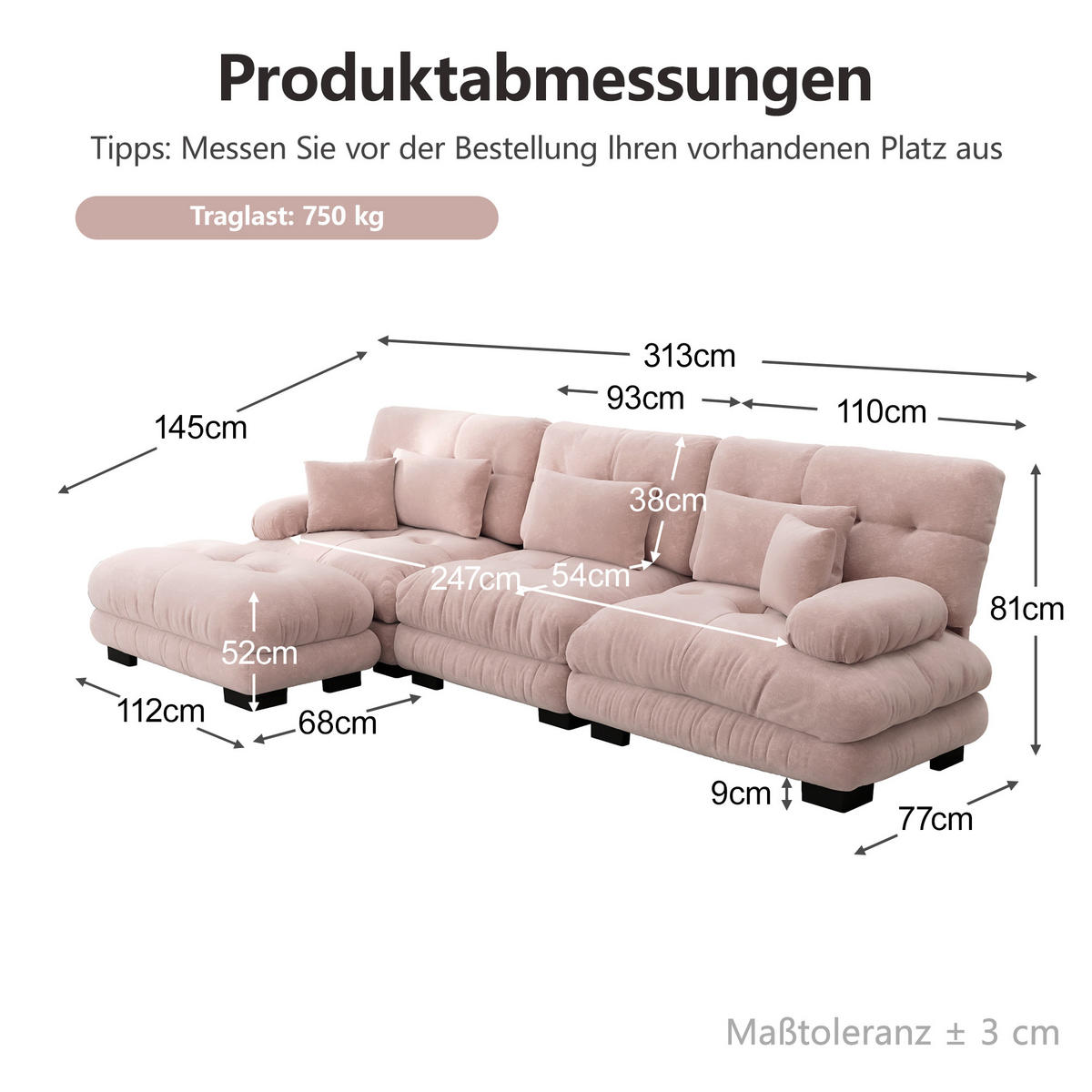 ECKSOFA DE-34065 L-förmig mit Ottoman Rosa - Pink, Holz (145/313cm) - ComfortXL