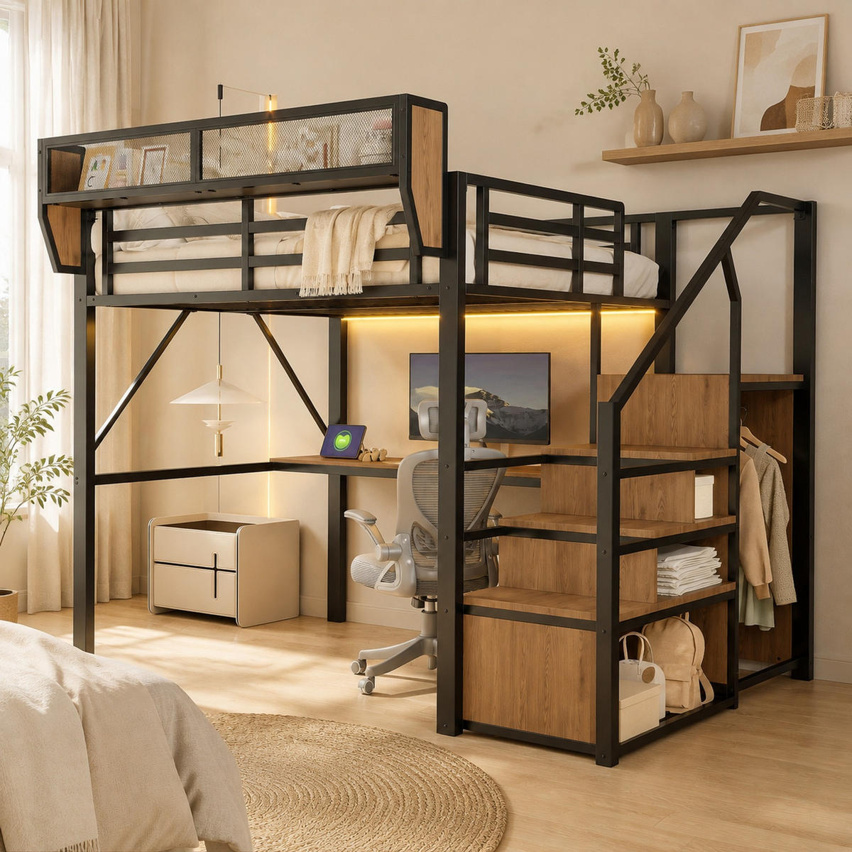 HOCHBETT 140/200 cm aus Metall mit Schreibtisch und LED, Schwarz - Schwarz, Metall (140/200cm) - OKMYHOME