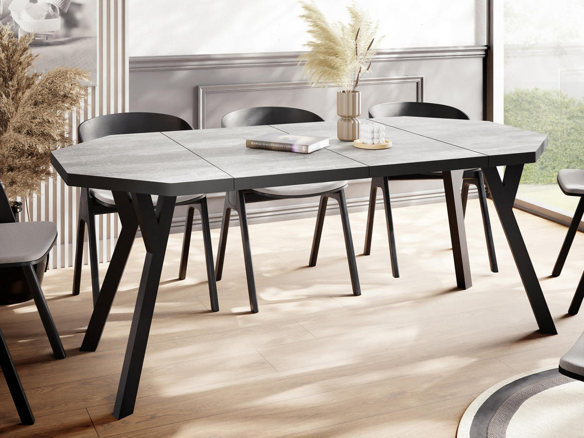 ESSTISCH Desmond achteckiger ausziehbarer, Grauer Beton 100-200/100/76 cm - Hellgrau/Schwarz, Holz/Holzwerkstoff (100/100/76cm) - WFL GROUP