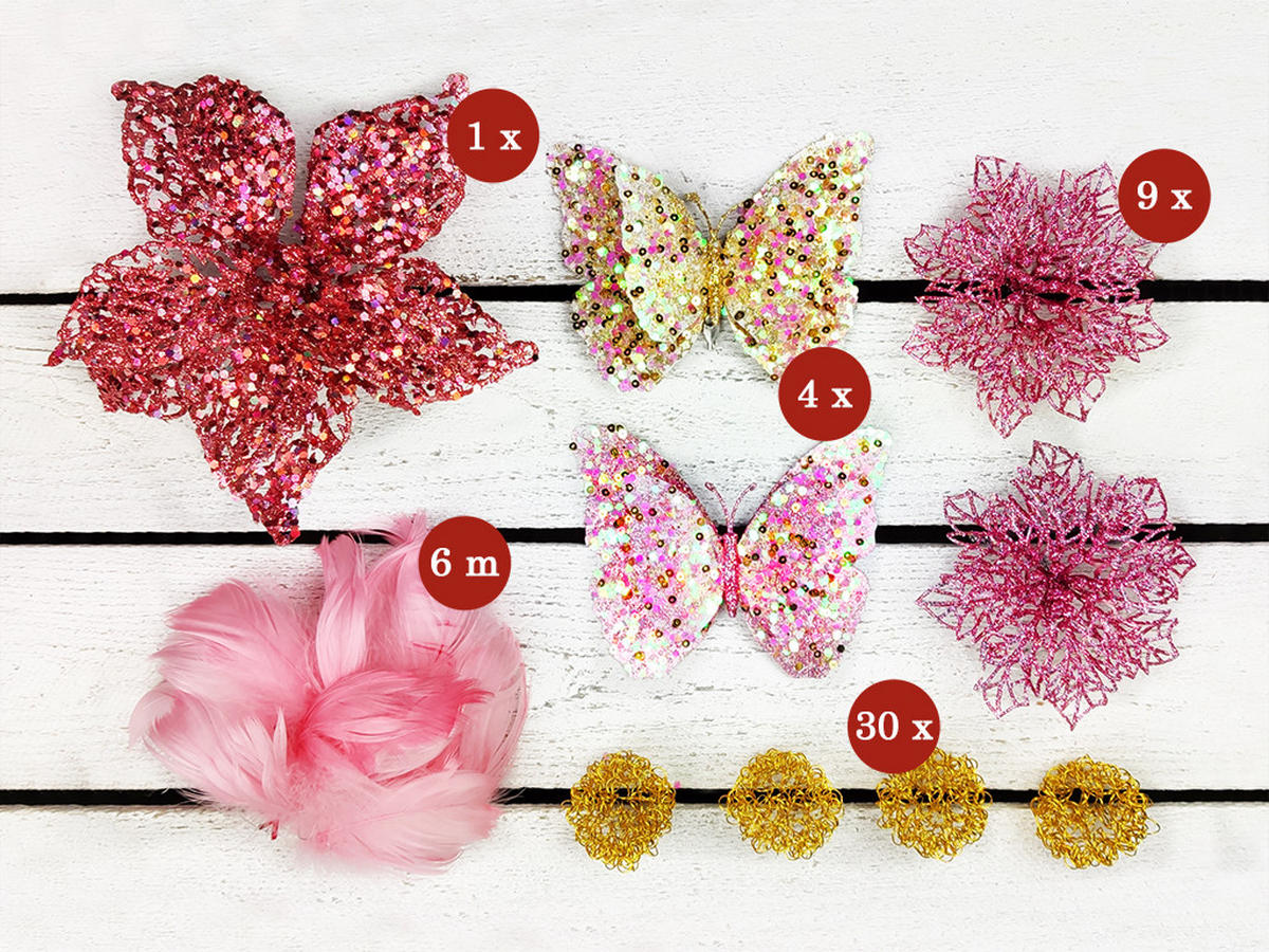 WEIHNACHTSBAUM künstlicher 60 cm mit LED-Beleuchtung, SÜSSCHEN, mit 45 Weihnachtsbaumschmuck, Pflanztopf mit Jutesack - Pink/Goldfarben, Kunststoff/Stein (40/60cm) - LAALU