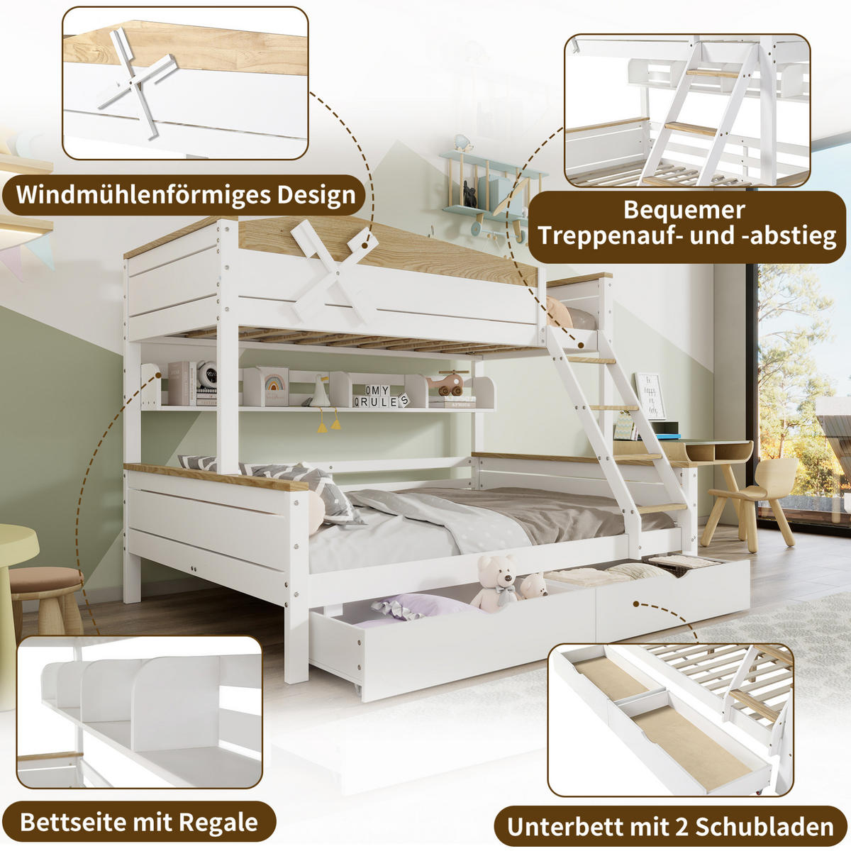 ETAGENBETT 90/200 cm & 140/200 cm mit Regalen, Schubladen und Windmühlen-Design, Weiß/Natur - Weiß, Holzwerkstoff (90/200cm) - Redom