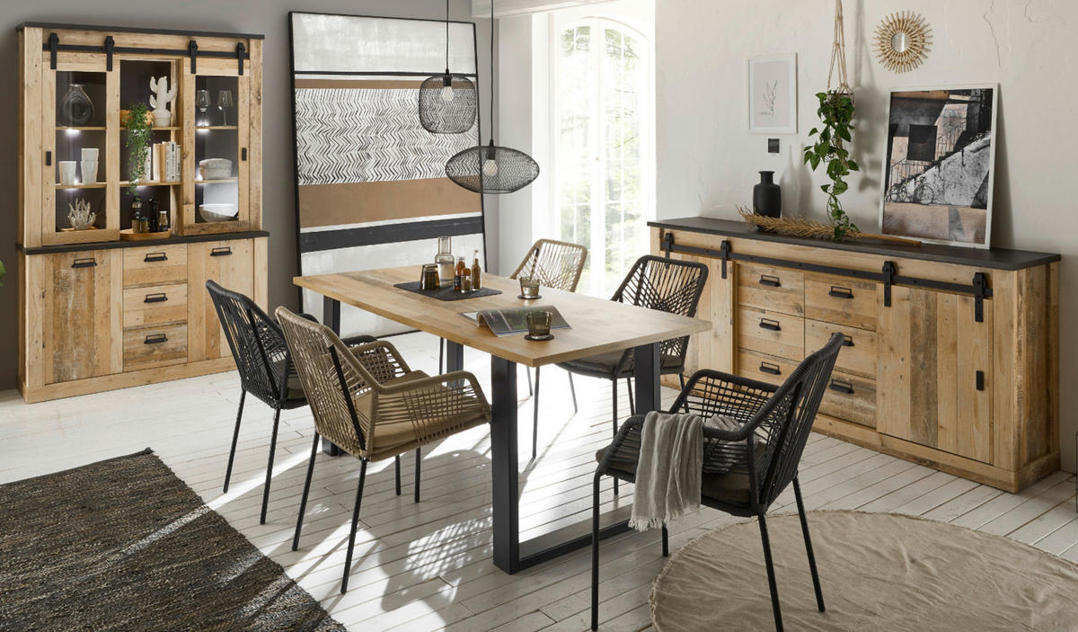 ESSTISCH Used Wood hell, anthrazit 180 cm, Küchentisch für 4-6 Personen - Anthrazit/Naturfarben, Holz/Metall (180/80/76cm) - Furn.Design