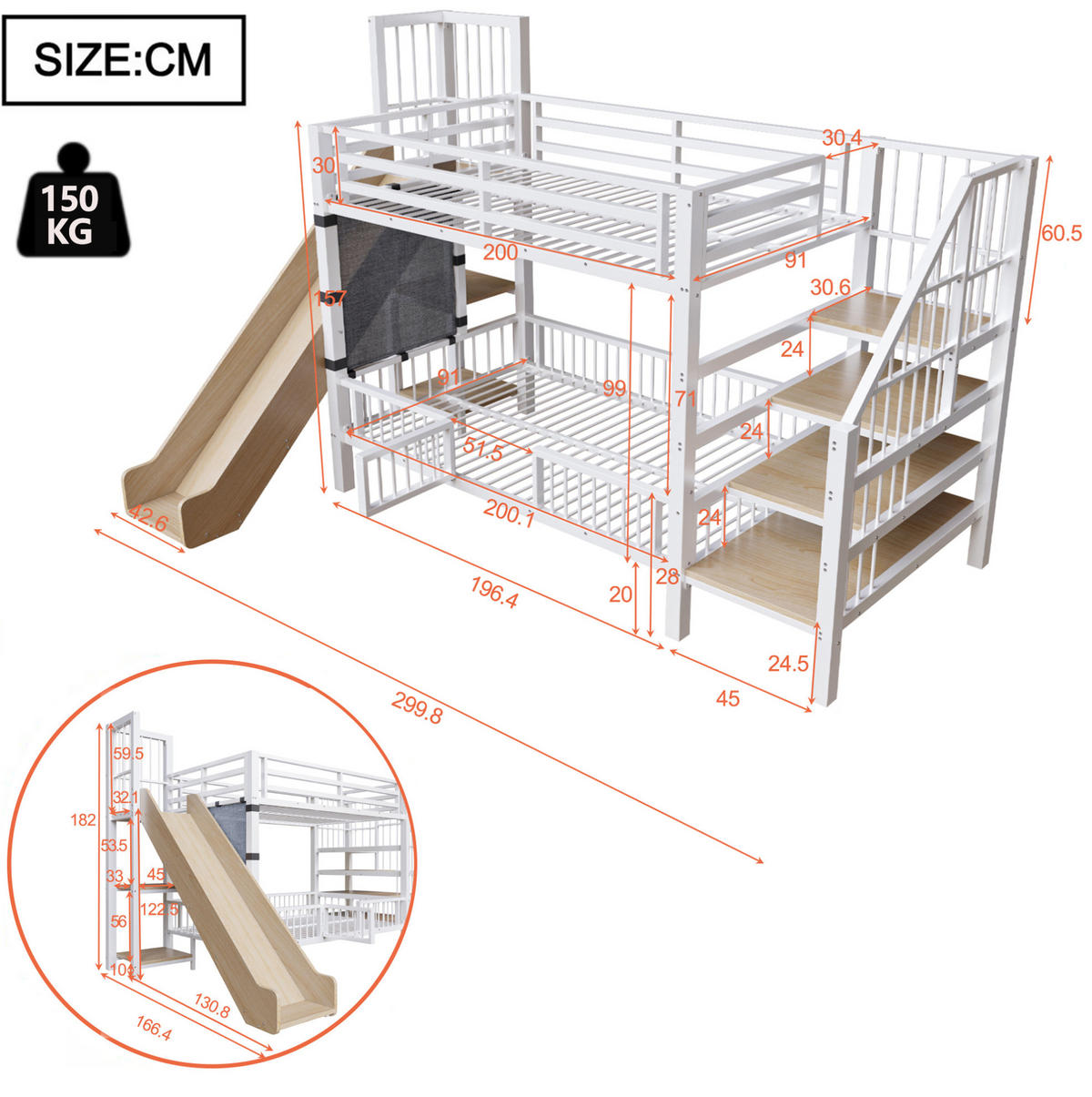HOCHBETT 90/200 cm aus Metall/MDF mit Rutsche, Stauraumtreppe und Regalen Weiß - Weiß, Metall (90/200cm) - Modenvie