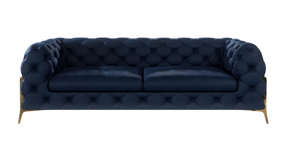 CHESTERFIELD-SOFA 3-Sitzer Lexi Marineblau Samt - Goldfarben/Dunkelblau, Holz/Textil (225/75/100cm) - S-Style Möbel