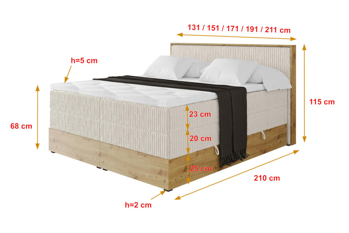 BOXSPRINGBETT LOLLI9 -KING 120x200 - H3/H4 Creme - Creme, Holzwerkstoff (120/200cm) - ALTDECOR