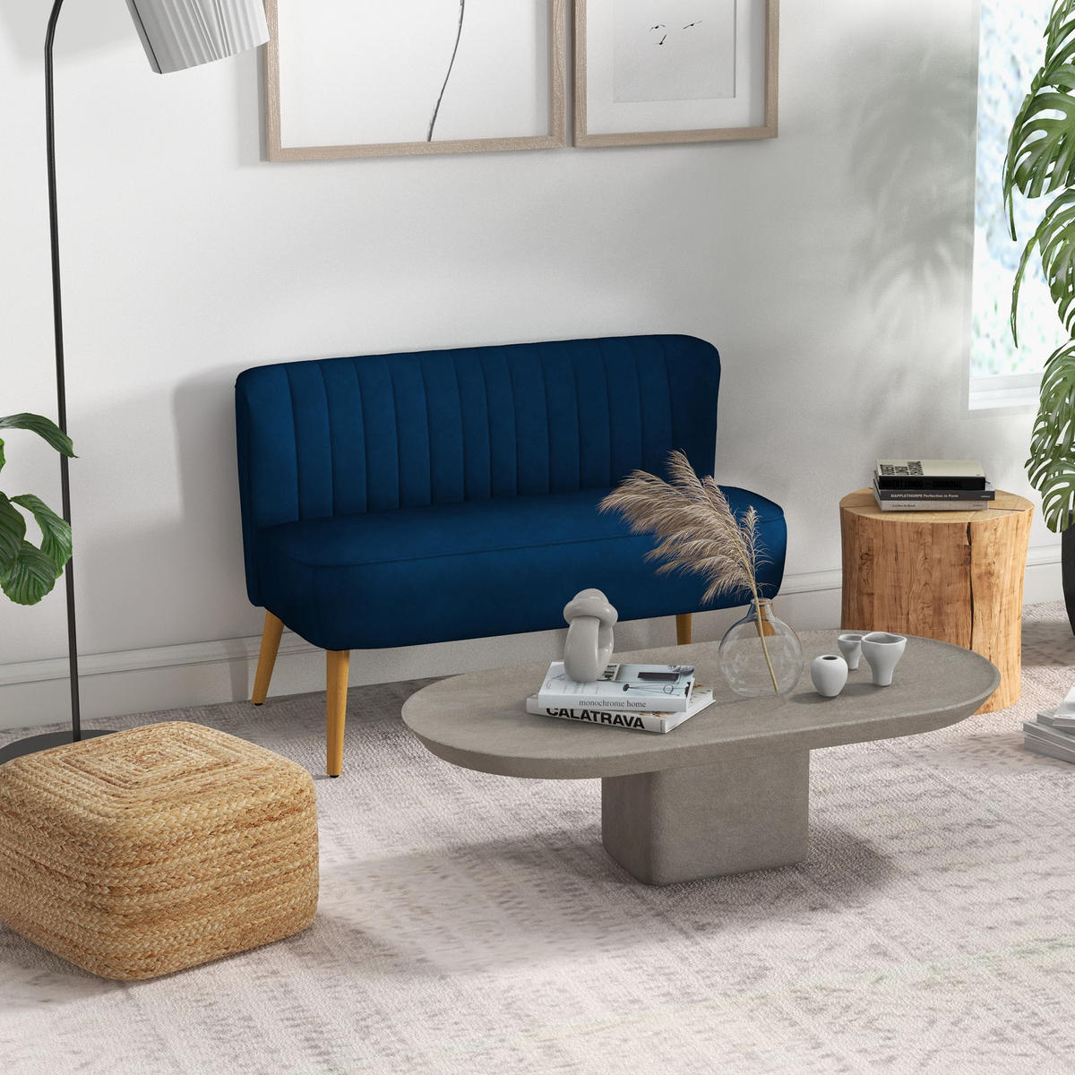 2-SITZER Sofa Zweisitzer, Loveseat mit Leinenoptik, Doppelsofa mit Holzbeine - Blau/Naturfarben, Holz/Textil (56.5/77/117cm) - HOMCOM