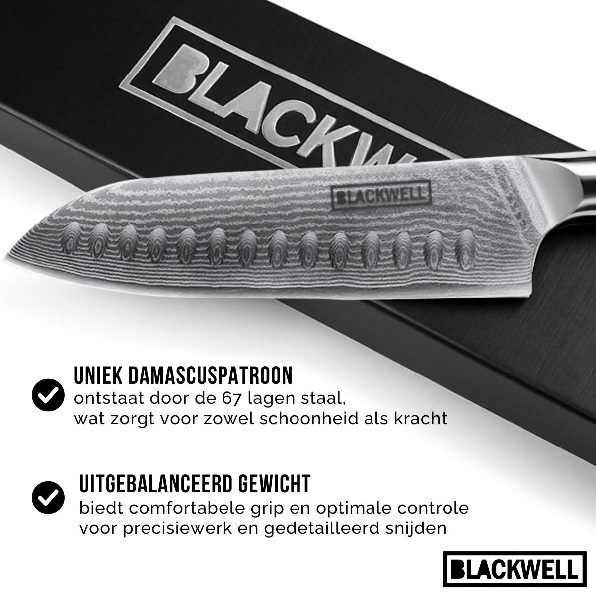 SANTO-MESSER Santokumesser im japanischen Stil – 67 Lagen Damaszenerstahl – VG10 – 19 cm - Schwarz, Keramik (1cm) - Blackwell