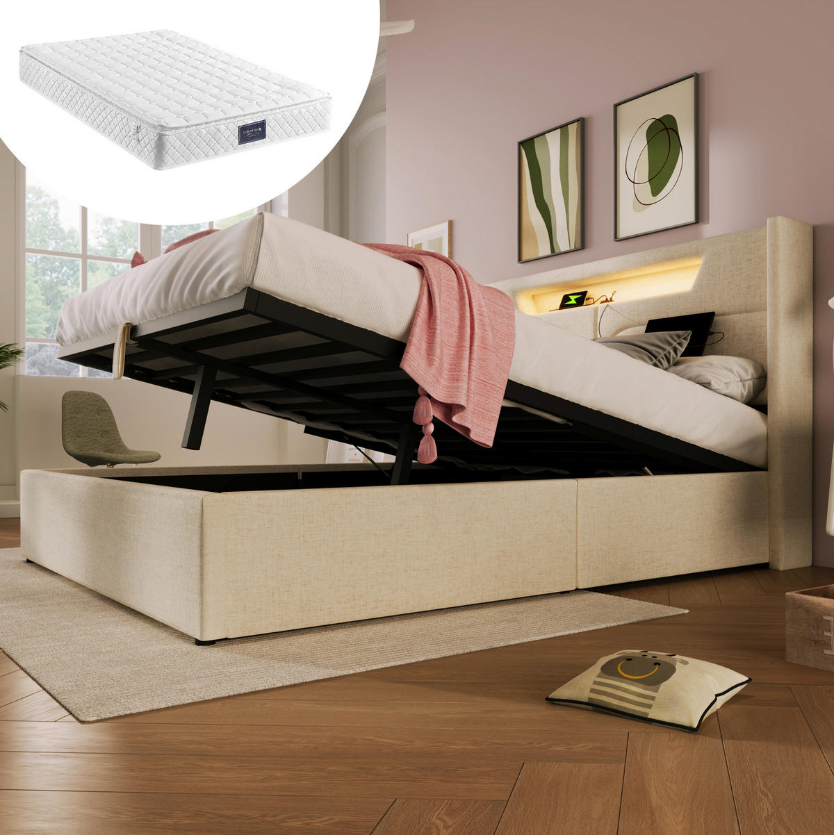 POLSTERBETT 140/200 cm Beige aus Leinen mit LED, USB und Stauraum - Beige, Textil (140/200cm) - OKMYHOME