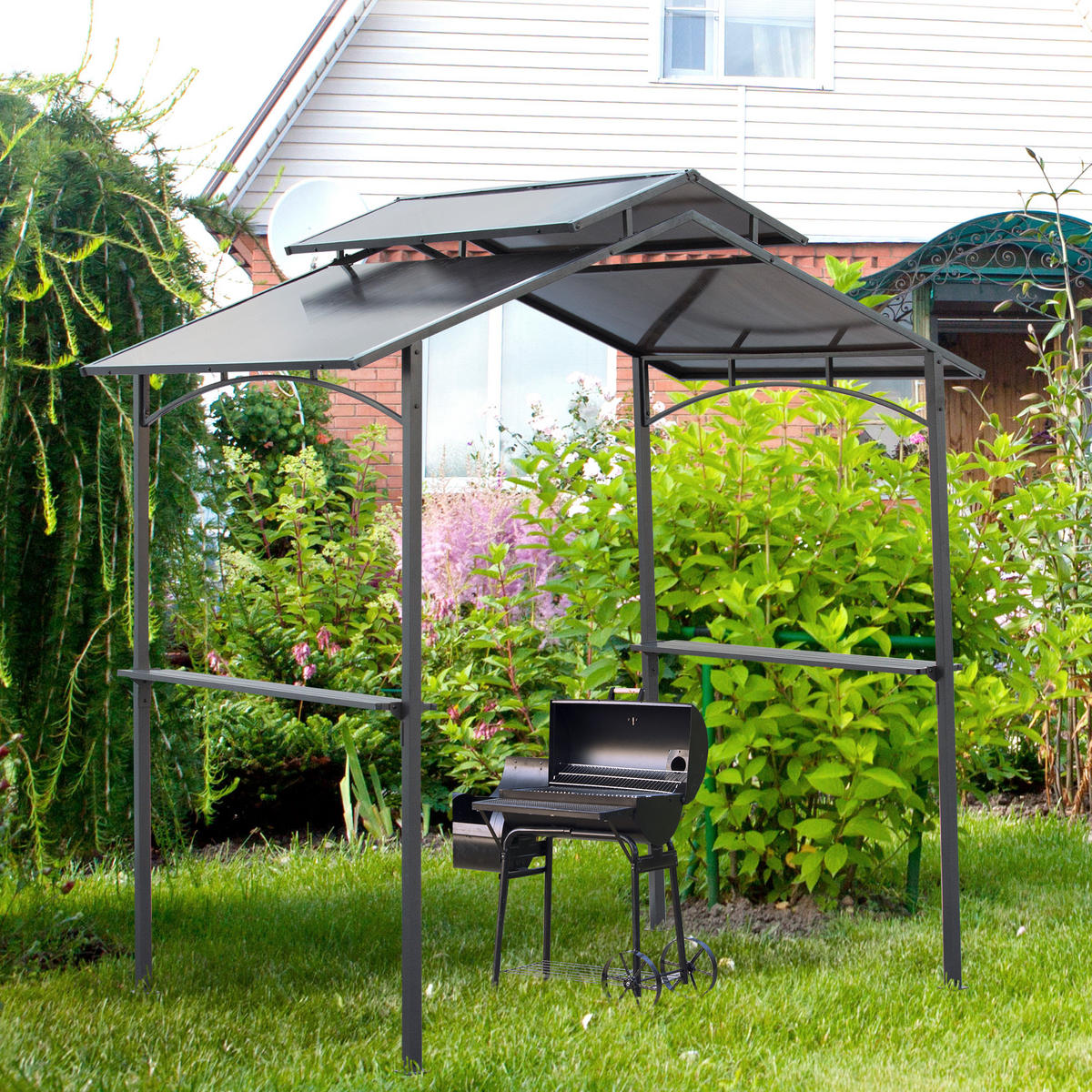 GRILLPAVILLON Stahl+PC Schwarz+Braun - Schwarz/Braun, Kunststoff/Metall (150/250/240cm) - Outsunny
