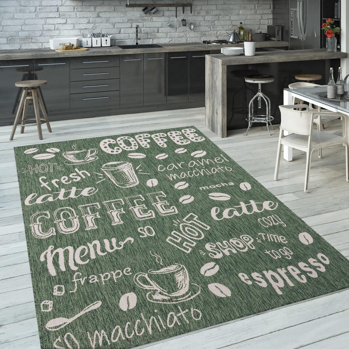 TEPPICH Kurzflor Schriftzug Wohnzimmer schmutzabweisend Grün Läufer 80x150 - Grün, Textil (80/150cm) - KADIMA DESIGN