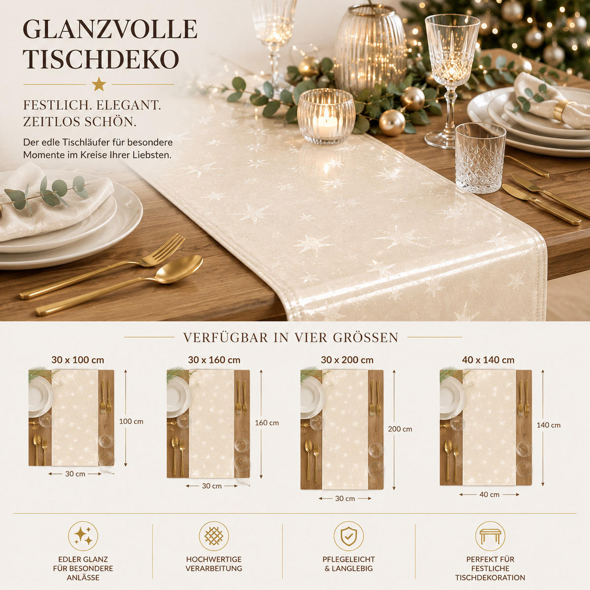 TISCHLÄUFER 40/140 cm Lurex Sterne Creme - Creme, Textil (40/140cm) - TiborTex