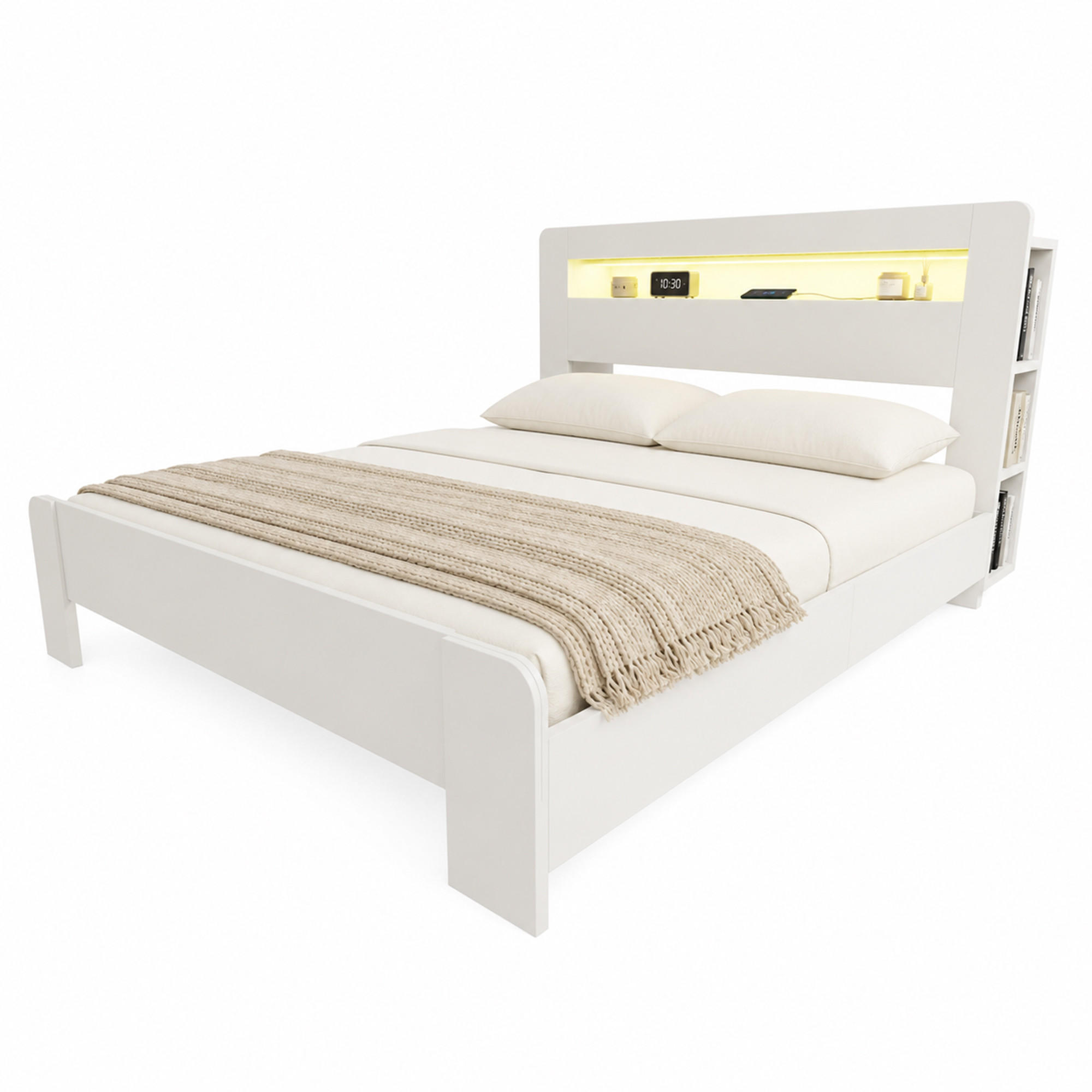 RAHMENBETT 180/200 cm in Weiß mit Stauraum, LED und Steckdosen - Weiß, Holz/Holzwerkstoff (180/200cm) - WISHDOR