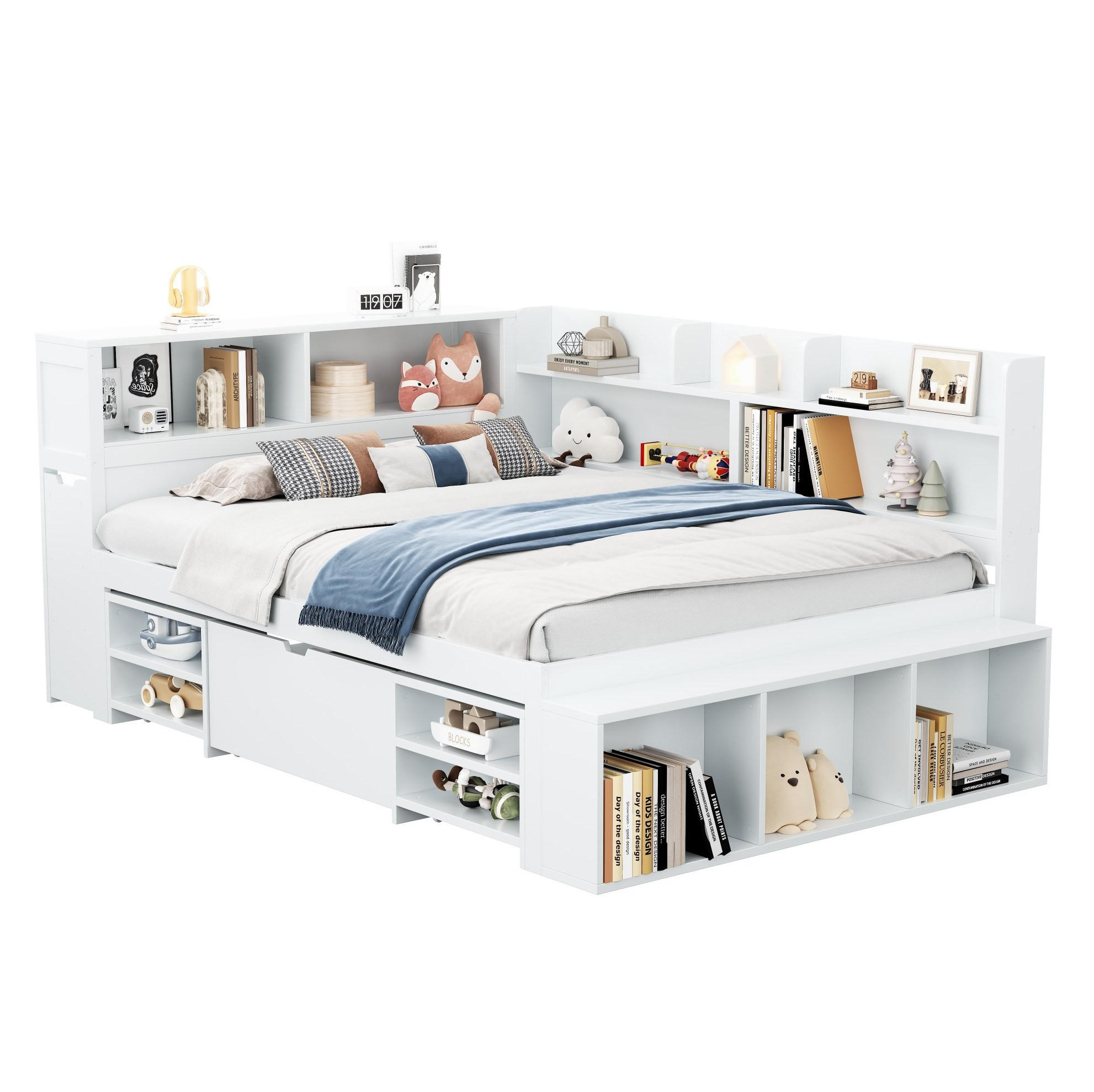 KINDERBETT 140/190 cm aus Sperrholz mit Schubladen und Regalfächern Weiß - Weiß, Holzwerkstoff (140/190cm) - Modenvie