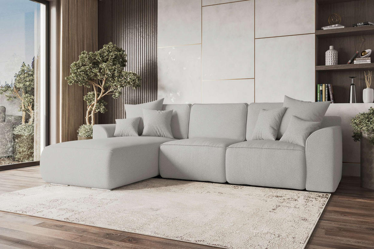 ECKSOFA GUSTO Strukturstoff Hellgrau Links inkl. Schlaffunktion - Chromfarben/Hellgrau, Kunststoff/Textil (194/295cm) - 99rooms
