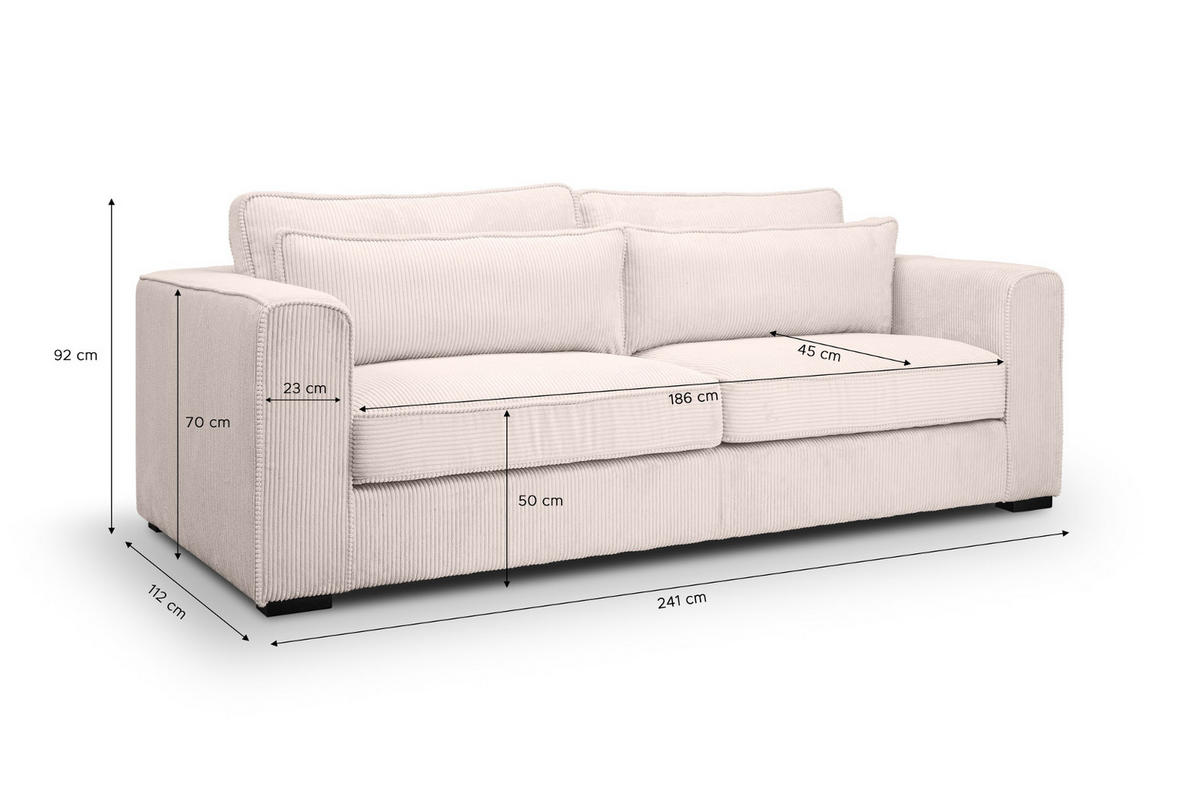 SOFA grau-beige Cord 3-Sitzer 241 cm, Couch mit Wellenfederung - Beige/Schwarz, Holzwerkstoff/Kunststoff (241/92/112cm) - Inn.Furn