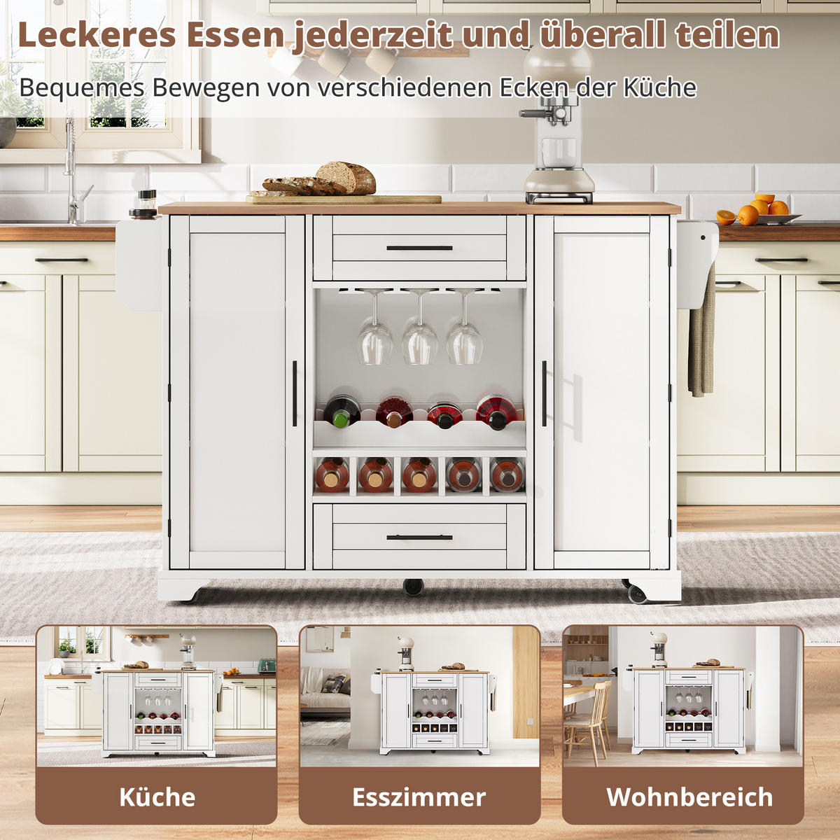 KÜCHENINSEL Mobile & Servierwagen (138 cm) in Weiß/Natur mit Weinregal & viel Stauraum - Weiß, Holzwerkstoff (138/92/70cm) - Urban Meuble