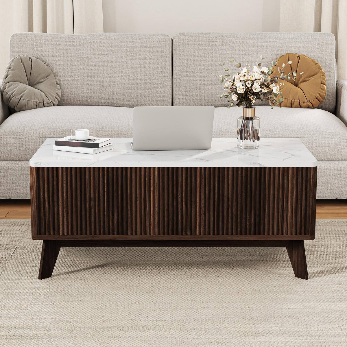 COUCHTISCH NUSSBAUM klappbare Tischplatte & großes Fach - Walnussfarben, Holz (105/32/42cm) - SHOPENTRA