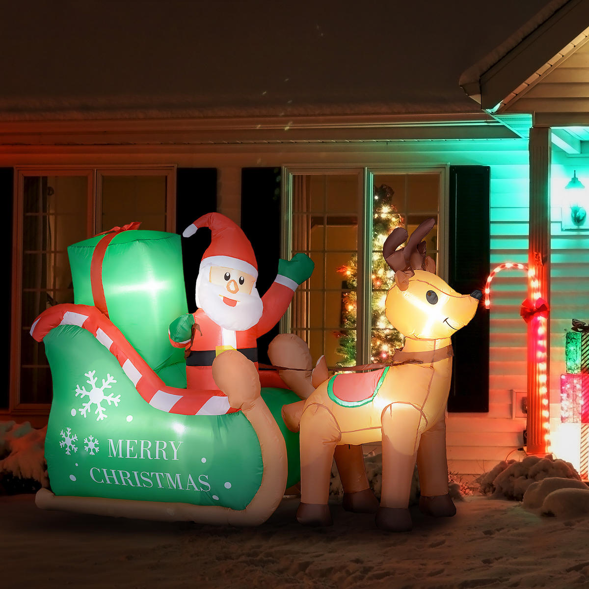 WEIHNACHTSMANN mit Schlitten & Rentier, aufblasbar, weiße LED-Beleuchtung, 210 x 80 x 140 cm - Multicolor, Kunststoff (80/140/210cm) - Outsunny