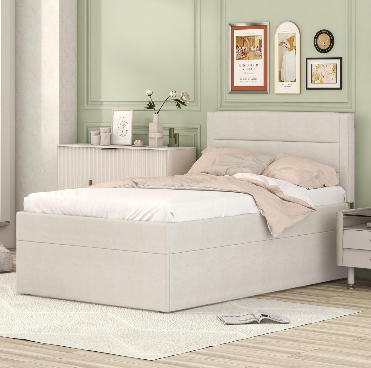 POLSTERBETT 90/200 cm mit Metall-Lattenrost und Stauraum, Beige - Beige, Holzwerkstoff (90/200cm) - Redom