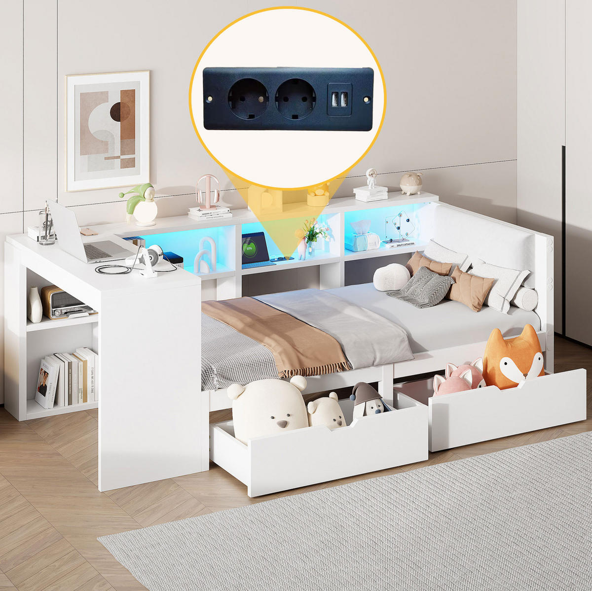 BETT aus MDF und Sperrholz 90x200 cm Weiß mit USB, Steckdosen, LED-Beleuchtung, Schubladen und gepolstertem Kopfteil - Weiß, Holzwerkstoff (90/200cm) - Modfu