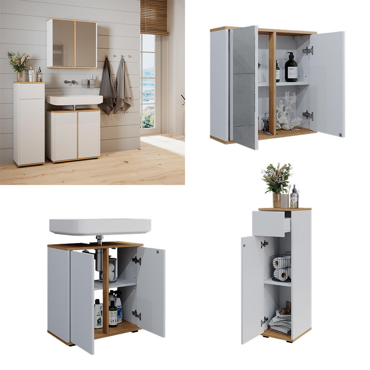 BADMÖBEL-SET Didi Weiß/Artisan 3 Teile Midischrank mit mit Schubladen 60 cm - Weiß/Eiche Artisan, Holzwerkstoff (60/62/30cm) - Vicco
