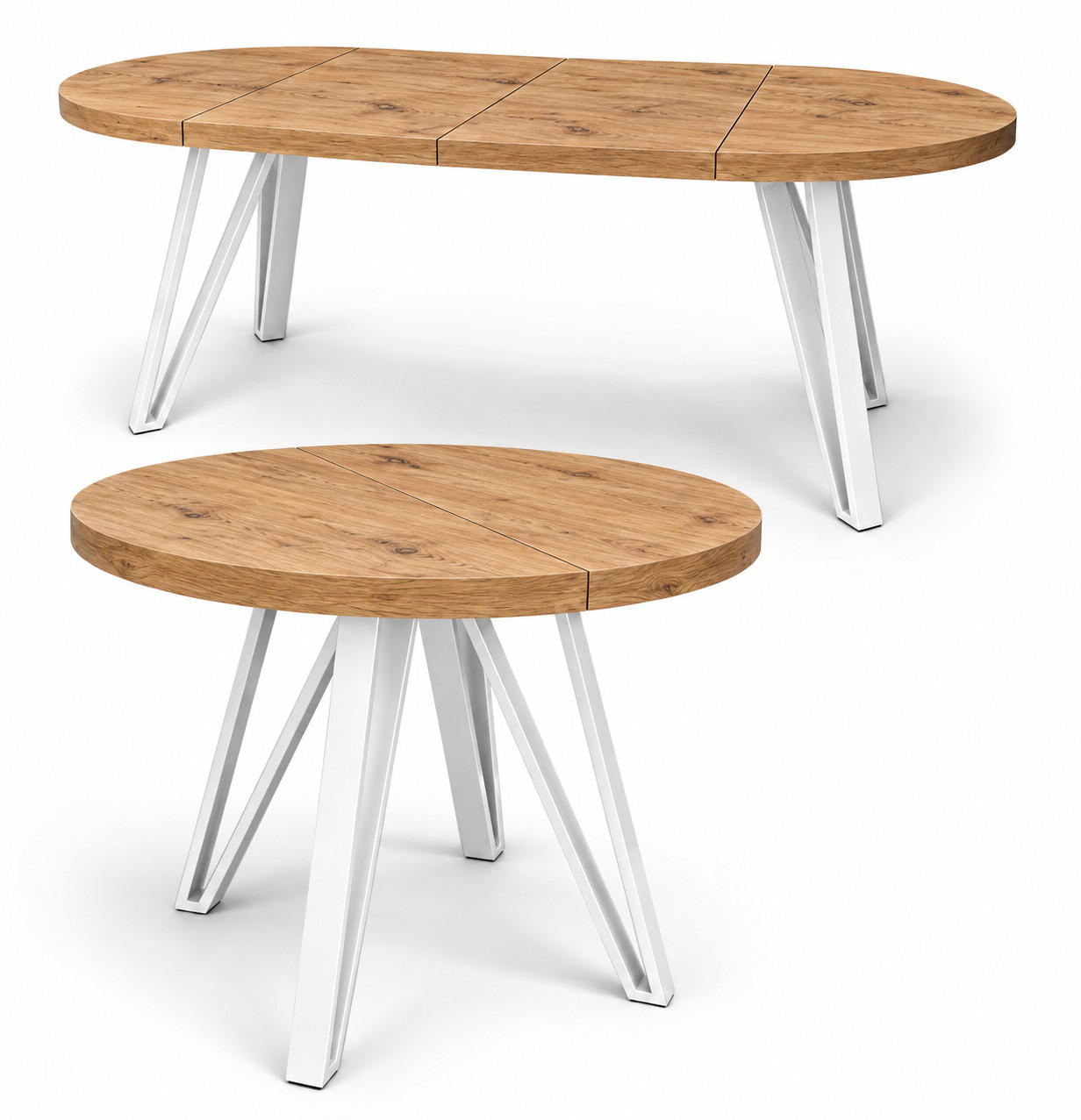 ESSTISCH rund ausziehbar 100/200/76 cm, Eiche Craft, 54 cm Tischplatte + Industrial Metallgestell Weiß - Eichefarben/Weiß, Holzwerkstoff/Metall (100/200/76cm) - Damale Möbel