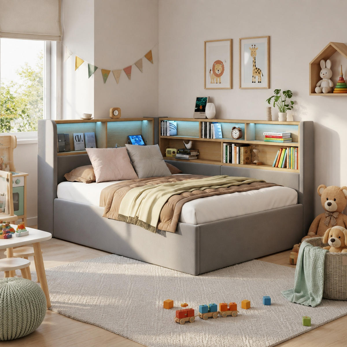 BETT 90/200 mit Bettkasten, LED und USB & Type-C in Grau - Grau, Holzwerkstoff/Textil (90/200cm) - EVRYAE